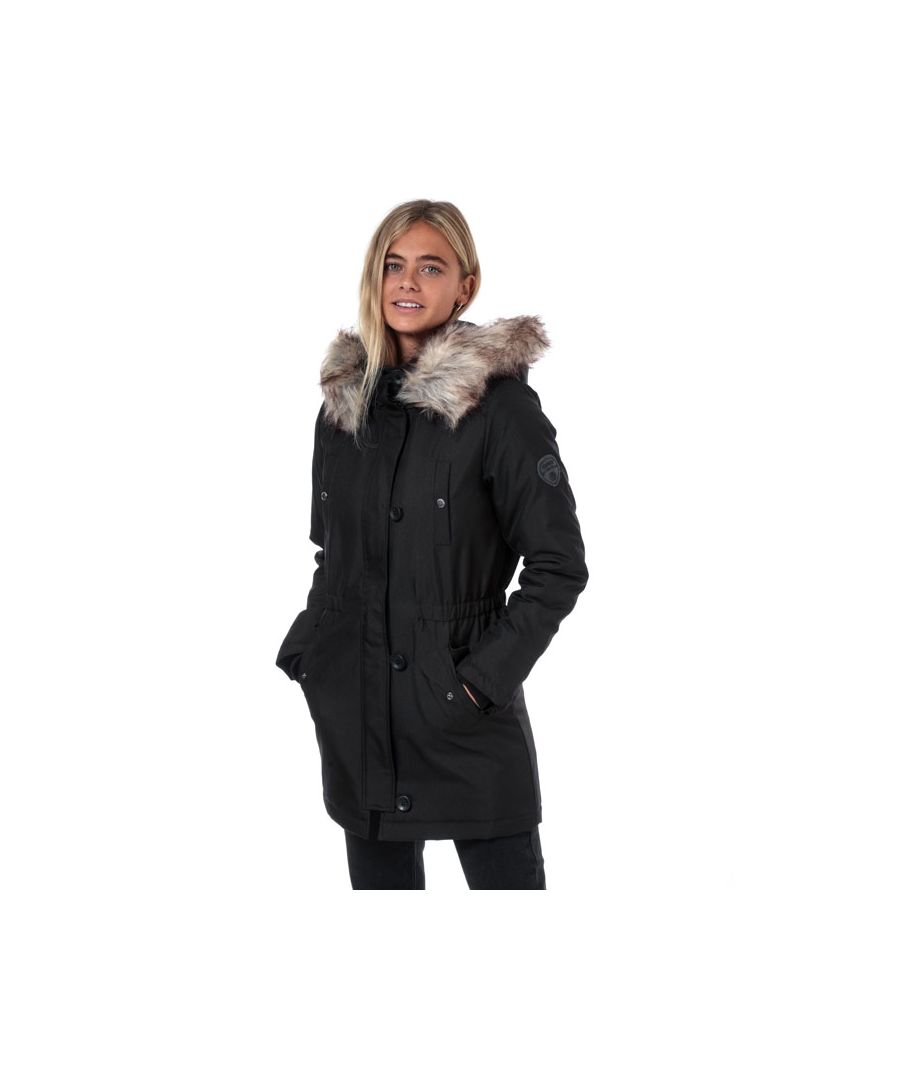 Womens Only Iris Winter Parka Jacket in black.<BR><BR>- Fixed hood with detachable faux fur trim.<BR>- Zip fastening with button storm placket.<BR>- Two front pockets with snap fastening.<BR>- Two chest pockets with snap fastening.<BR>- Elasticated at waist.<BR>- Long sleeves with inner ribbed cuffs.<BR>- Only badge at left sleeve.<BR>- Fully lined.<BR>- Measurement from shoulder to hem: 30in approximately.<BR>- Shell: 100% Polyester.  Lining: 100% Polyester.  Padding: 100% Polyester.  Faux fur: 75% Acrylic  25% Polyester.  Machine washable.<BR>- Ref: 15213755<BR><BR>Measurements are intended for guidance only.