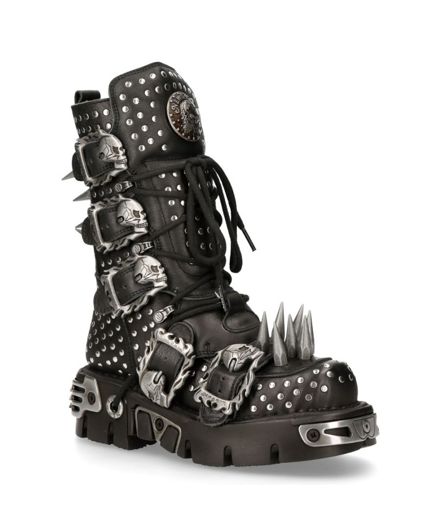 New Rock Unisex Black Leather Studded Gothic Boots-1535-S1 - Size EU 37 - Secret Sales