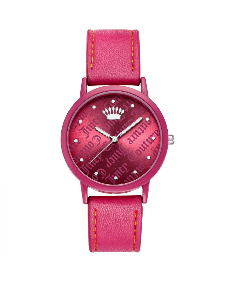 Juicy Couture Watch JC/1255HPHP\nGender: Women\nMain color: Pink\nClockwork: Quartz: Battery\nDisplay format: Analog\nWater resistance: 0 ATM\nClosure: Pin Buckle\nFunctions: No Extra Function\nCase color: Pink\nCase material: Metal\nCase width: 36\nCase length: 36\nFacing: Rhine Stone\nWristband color: Pink\nWristband material: Leatherette\nStrap connecting width: 18\nWrist circumference (max.): 23.5\nShipment includes: Watch box\nStyle: Fashion\nCase height: 7\nGlass: Mineral Glass\nDisplay color: Pink\nPower reserve: No automatic\nbezel: none\nWatches Extra: None