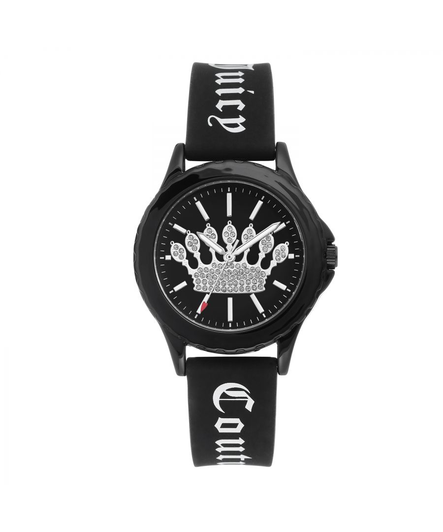 Juicy Couture Watch JC/1325BKBK\nGender: Women\nMain color: Black\nClockwork: Quartz: Battery\nDisplay format: Analog\nWater resistance: 0 ATM\nClosure: Pin Buckle\nFunctions: No Extra Function\nCase color: Black\nCase material: Metal\nCase width: 38\nCase length: 38\nFacing: Rhine Stone\nWristband color: Black\nWristband material: Silicon/Rubber\nStrap connecting width: 18\nWrist circumference (max.): 22.5\nShipment includes: Watch box\nStyle: Fashion\nCase height: 9\nGlass: Mineral Glass\nDisplay color: Black\nPower reserve: No automatic\nbezel: none\nWatches Extra: None