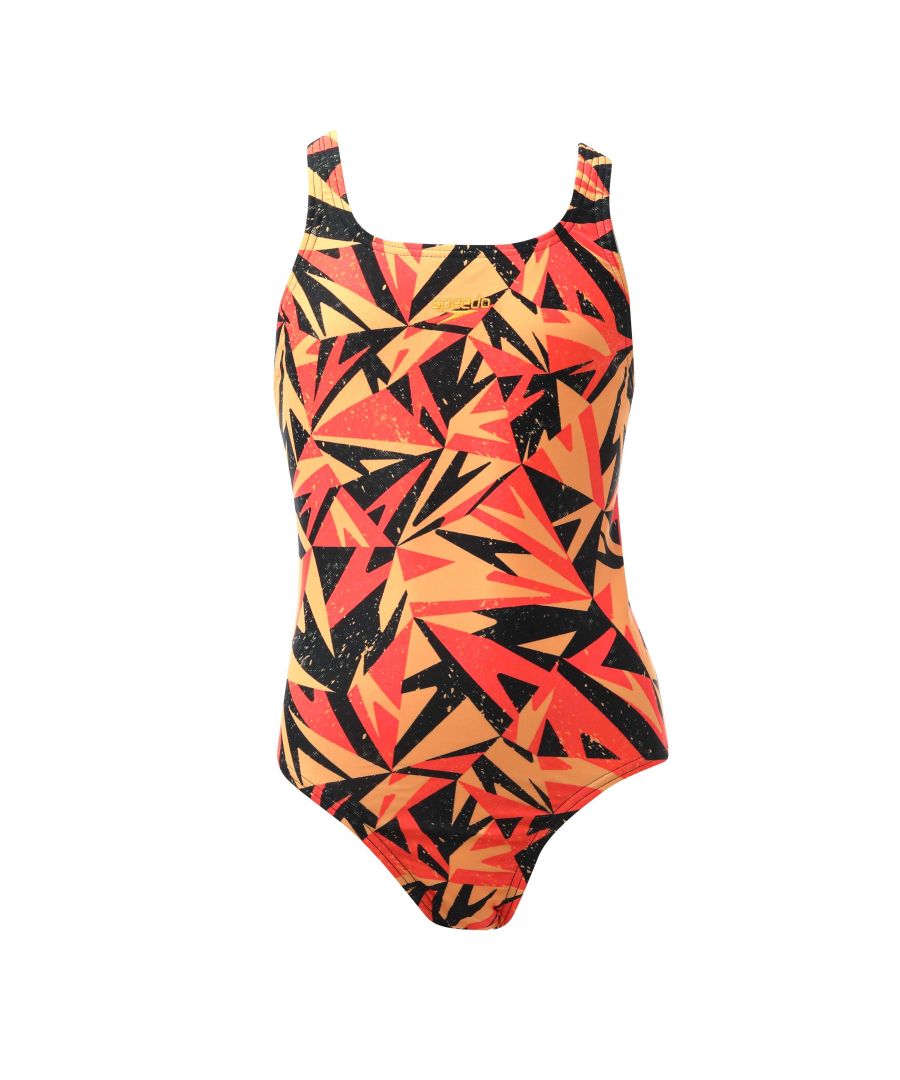 Girls Speedo Hyperboom Allover Medalist Swimsuit in black orange.- Medalist design.- 100% chlorine resistance.- Quick dry.- Speedo branding.- Body: 80% Nylon  20% Elastane. Lining: 100% Polyester.- 812858H130Please note that returns will only be accepted if the hygiene label is still attached to the product.