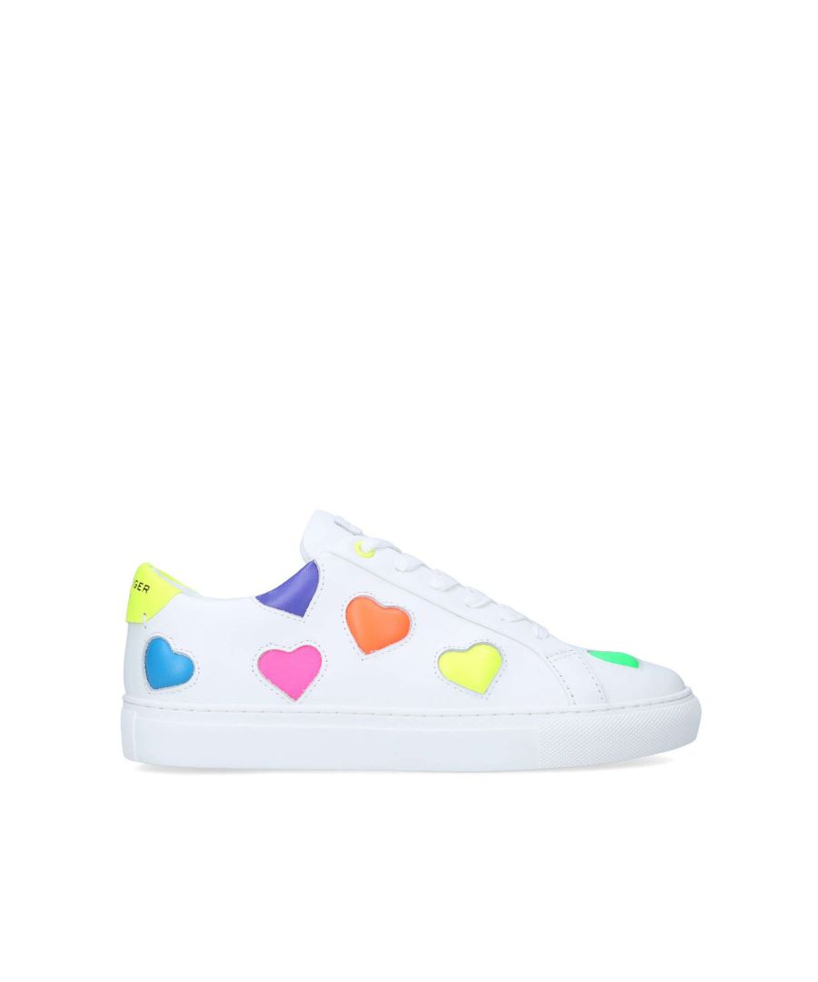 The Lane Love sneaker is crafted from a cow leather in white with classic lace up front. There are multiple textured leather hearts in multiple colours across the upper.