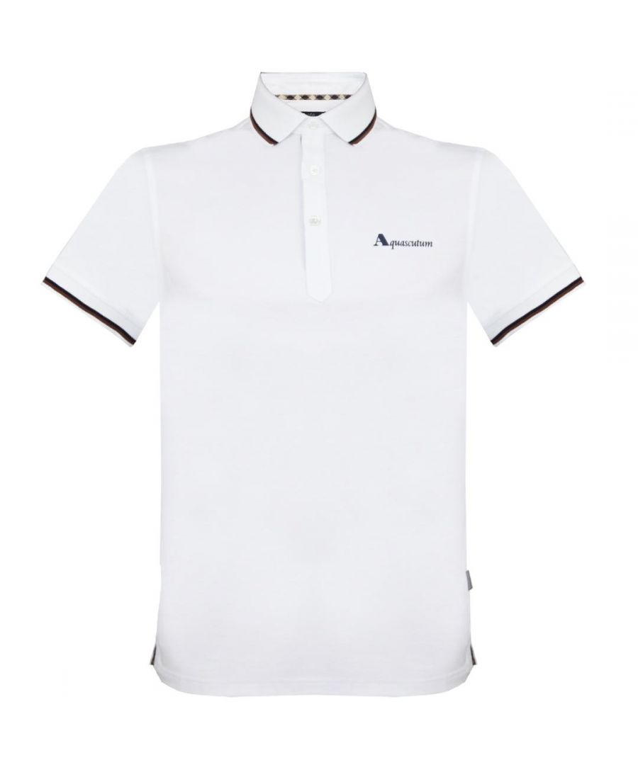 Aquascutum Branded Logo White Polo Shirt. Branded Logo, Short Sleeves. Stretch Fit 95% Cotton 5% Elastane. Regular Fit, Fits True To Size. QMP024 01