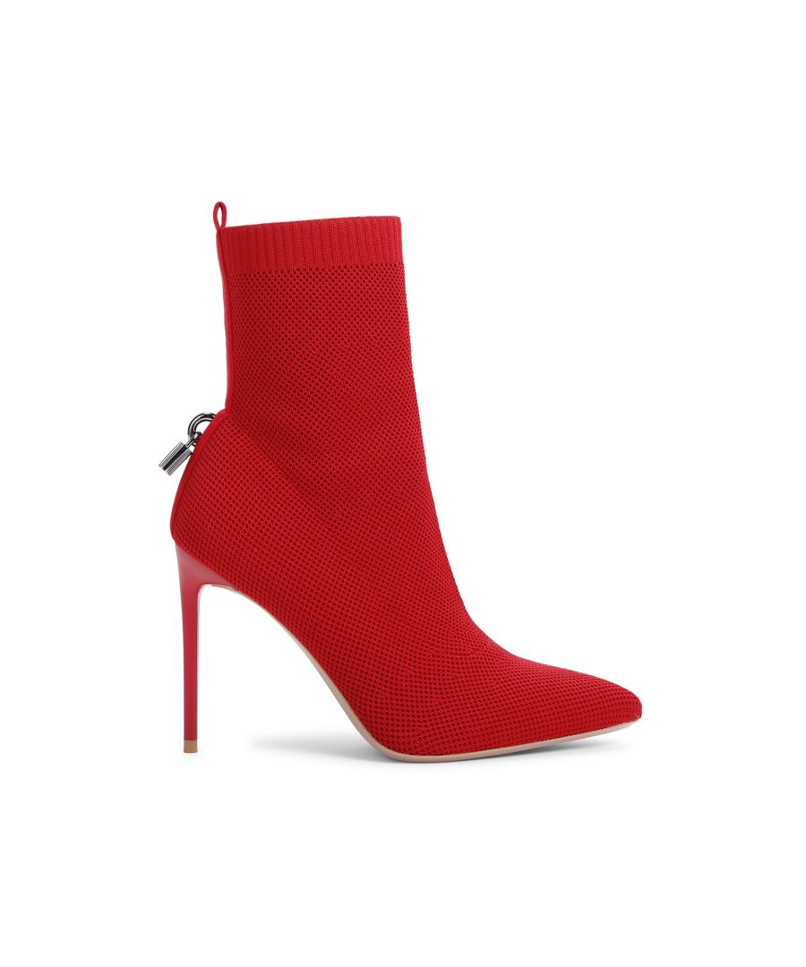The Vixen Ankle boot features a knitted upper in red with sock style ankle. The back of the heel features a gunmetal branded padlock. Heel height: 100mm
