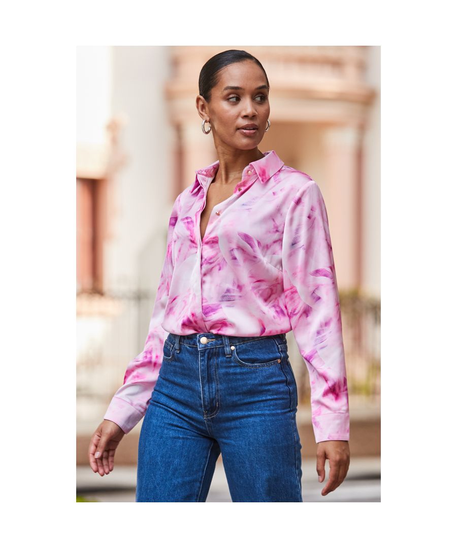 Sosandar Womens Pink Floral Print Satin Shirt - Size 12 UK