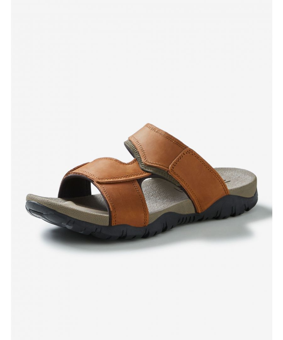 A classic sandal providing comfort and style for the summer season :Leather Look And FeelOpen ToeSlip On StyleContrast Stich DetailMaterial:  80% Leather | 20% Synthetic