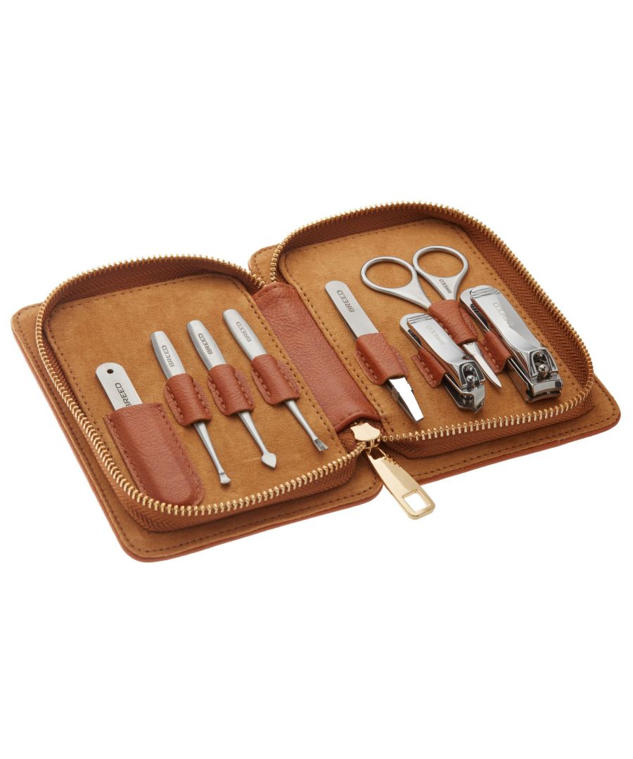 SPECS: 8-piece set, Surgical Stainless steel tools; INCLUDED: Heavy duty zip up travel case, Fingernail clippers, Toenail clippers, Nail file, Nostril + Eyebrow scissors, Peeling Knife, Cuticle Knife, Deadskin Fork, Tweezers