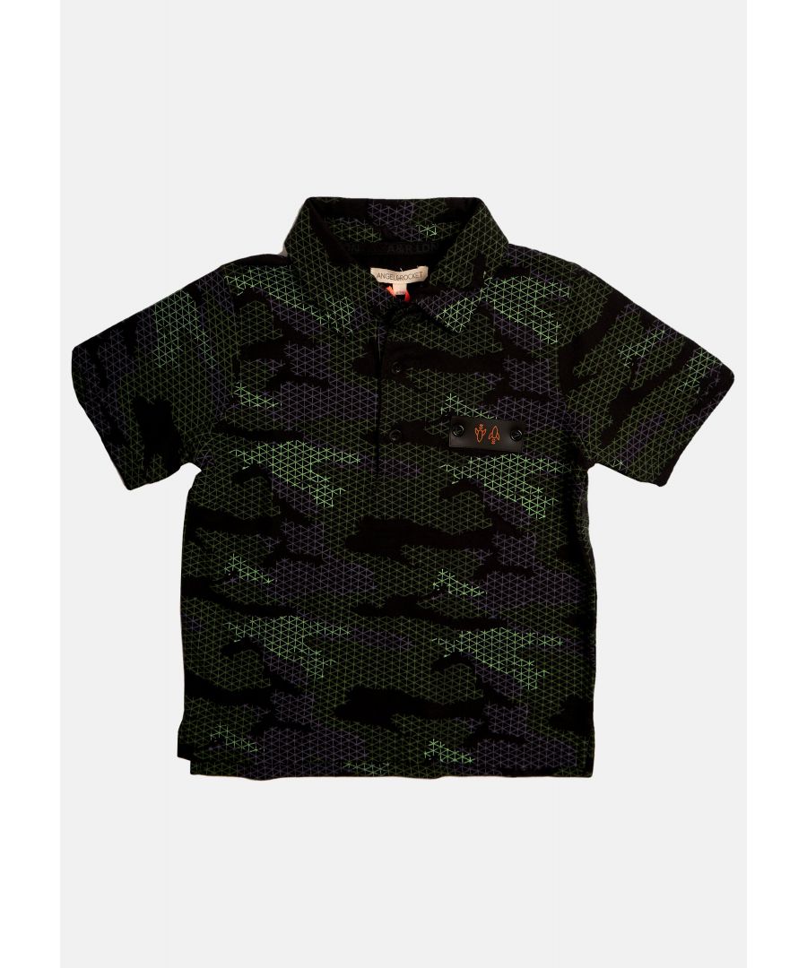 Raise your polo shirt game in this digital camo print polo with branded logo. Made from super soft jersey this top looks fabulous with jeans and kicks.. angel & rocket cares - made with fairtrade cotton   about me: 100% cotton Look after me: think planet. machine wash at 30c.