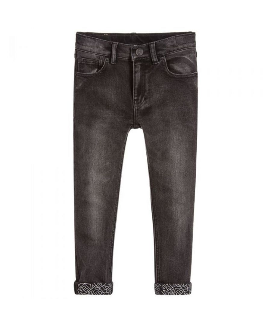 These Kenzo Boys Logo JB 6 Jeans in Grey are made in a faded wash black denim. The designer's logo is printed on the inside of the turn-ups and they fasten with a zip and popper.\n\n\n\n\n\n\n\nZip & popper fastening\nAdjustable waist up to 10Y\nSkinny fit
