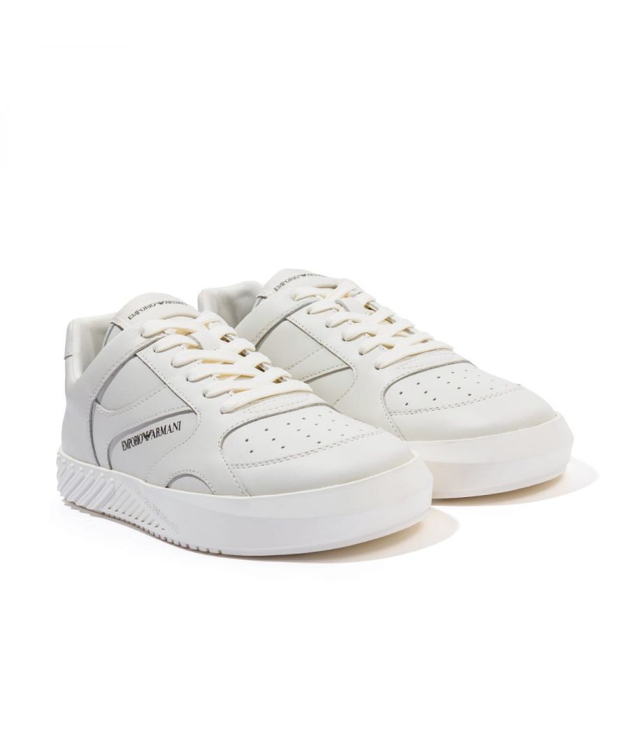 Emporio Armani Mens Logo Soft Leather Trainers - Off White - Size UK 10