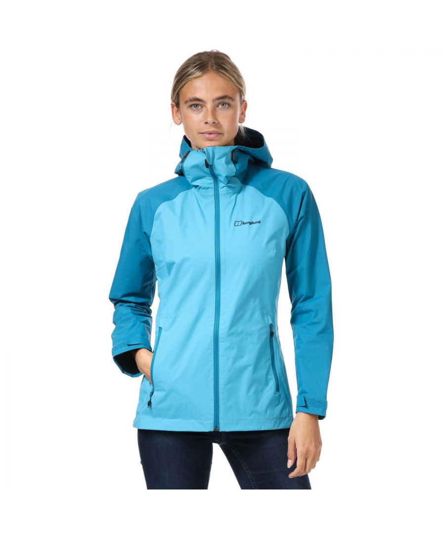 Womens Berghaus Deluge Pro Waterproof Jacket in blue.- 2 layer Hydroshell® waterproof breathable fabric.- Adjustable hood helps maintain a secure fit and protects from the elements.- Full zip fastening with chin guard.- Long raglan sleeves with hook-and-loop adjustable cuffs.- Zipped front pockets.- Drawcord adjustable hem.- Berghaus logo printed at left chest.- Shell: 100% Polyamide with polyurethane coating.  Machine washable.- Ref: 4-22338FZ6