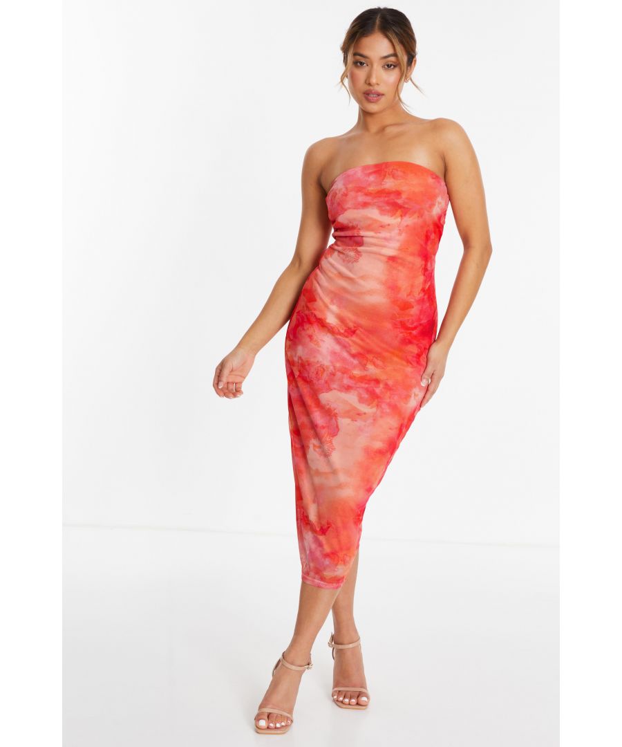 Quiz Womens Petite Orange Tie Dye Mesh Bandeau Midi Dress - Size 10 Uk