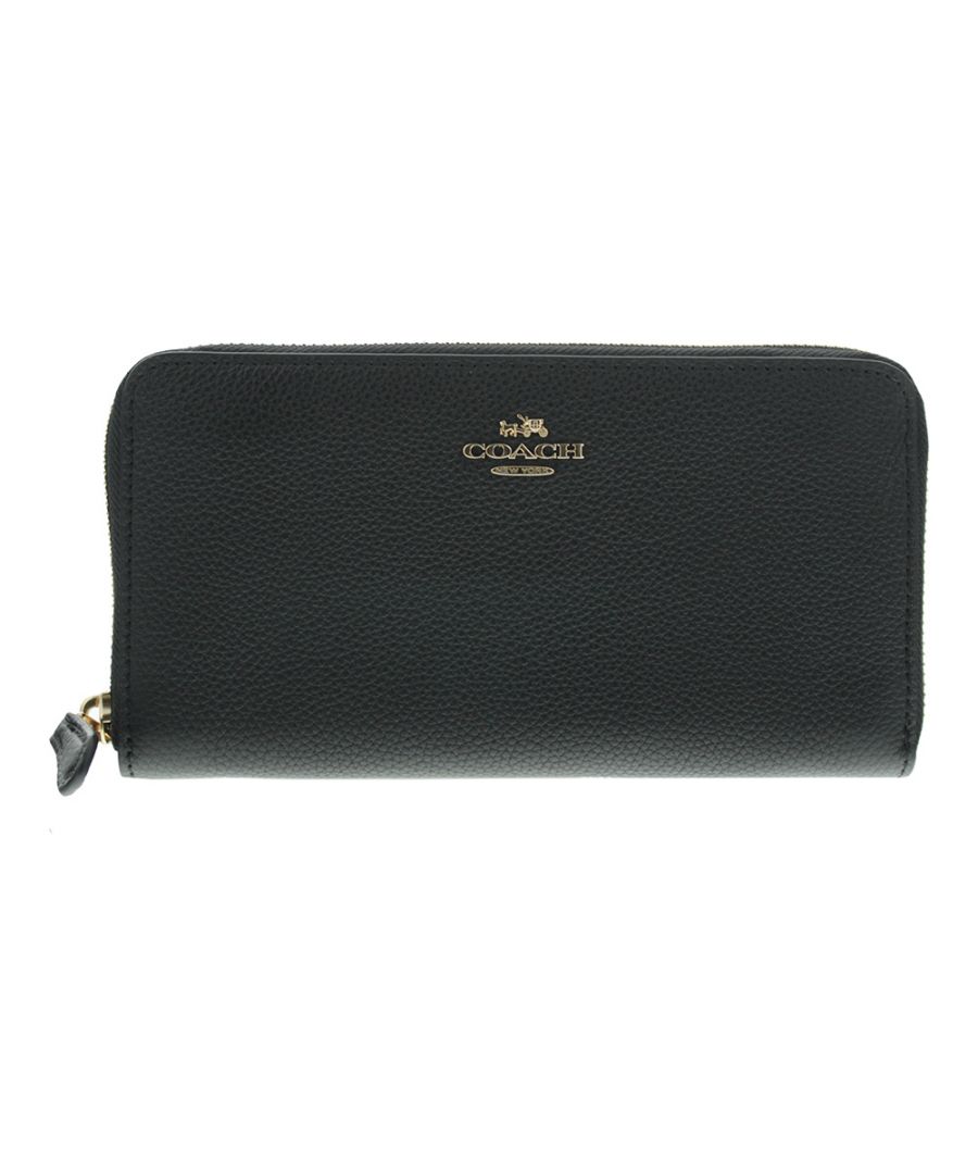 The Accordion Black Zip Wallet from Coach is a luxurious wallet made of polished pebble leather. The wallet has an Accordion style design, allowing it to be much, much more spacious than it looks. In fact it's big enough to store an iPhone X, 12 cards, coins and enough space for two length note compartments. Huge, with an elegant yet modern design, this is the wallet for those who need to go big!