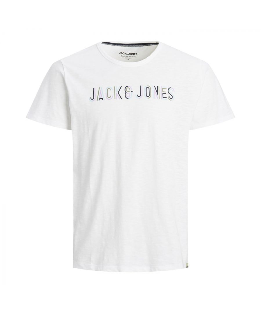 T-Shirt by Jack & Jones with crew neck and short sleeves, coloured logo print on the front, very comfortable to wear thanks to the production of 100% cotton.\n\nFeatures:\nT-shirt with coloured logo on chest\nA logo adds signature branding on the chest\nRibbed neckline\nCrew neck for classic and simple style\nThe regular fit you can depend on\nMaterial: 100% Cotton\nProduct Code: 12191130\n\nWashing Instruction:\nMachine wash at max 40°C under gentle wash programme\nDo not bleach\nTumble dry on low heat settings\n\nIron Temp: on medium heat settings\n\nNote: Do not bleach, Dry clean (no trichloroethylene)\n\nPackage Includes: Jack&Jones Men's T-shirt with Coloured logo