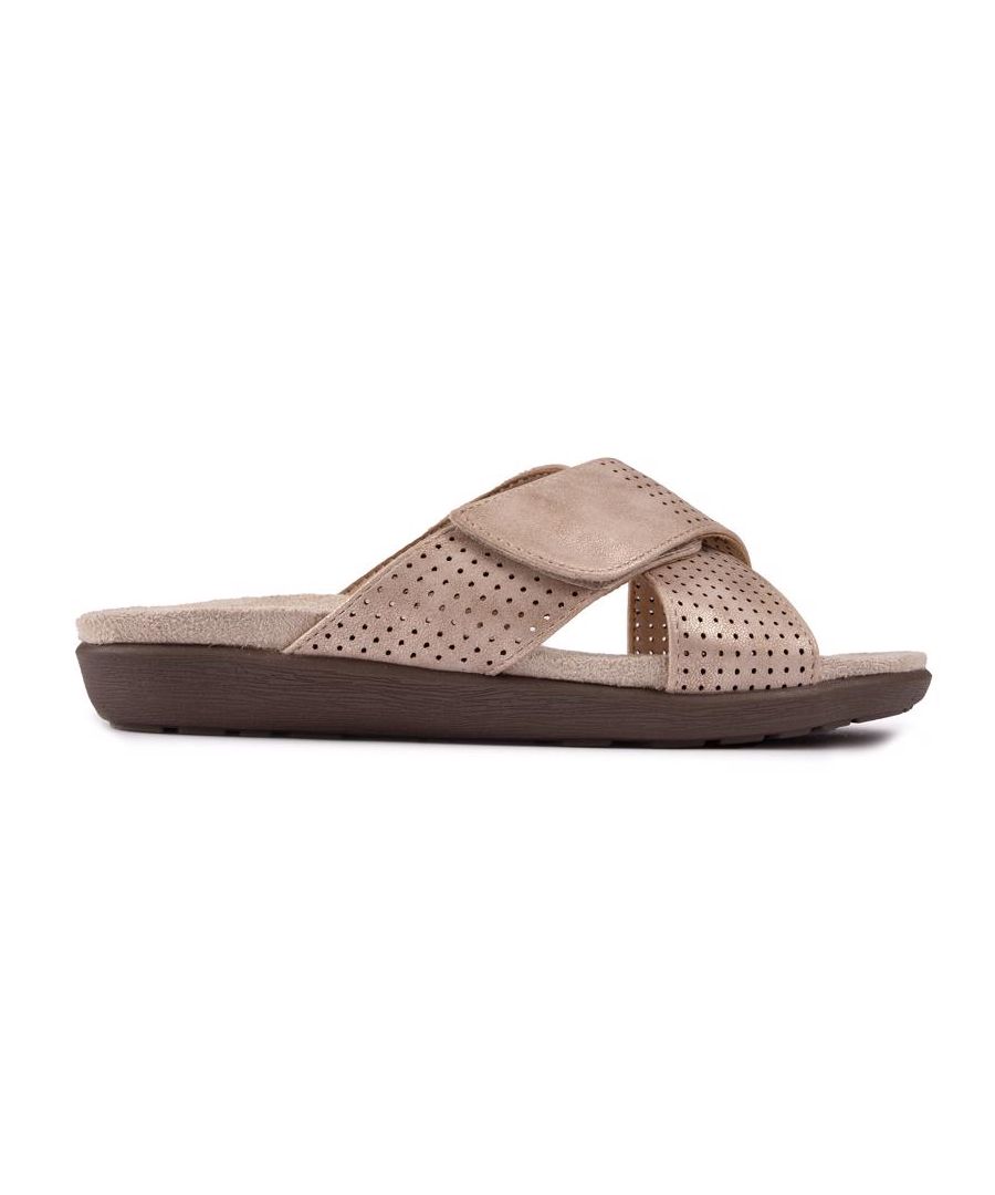 Relax And Welcome The Day In These Comfy Summer Slides From Solesister. This Slip-on Sandal Features An Adjustable, Perforated Cross-strap Design On A Comfy, Softly Padded Footbed, Paired With A Slightly Wedged Grippy Sole. Have Fun In The Sun, Lounge Around At Home Or Go About Your Chores In These Versatile Simple Sandals.