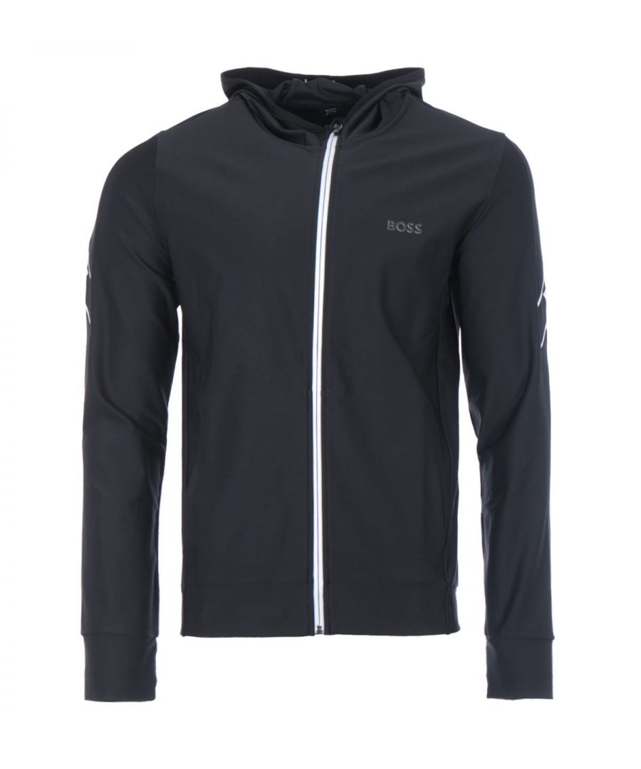 Crafted from an innovative stretch fabric composed of recycled polyester, this versatile zip through hooded sweatshirt from BOSS boasts dynamic cutlines outlined by contrasting logo tape for statement style. Cut to a slim fit creating a modern silhouette and features a fixed hood with an elasticated trim, a full zip closure, a split kangaroo pocket and thumbhole cuffs. Perfect for a modern sport look.Slim Fit, Stretch Recycled Polyester, Fixed Hood with Elasticated Trim, Full Zip Closure, Split Kangaroo Pocket, Thumbhole Cuffs, Tape Logo Detailing, BOSS Branding. Style & Fit:Slim Fit, Fits True to Size. Composition & Care:87% Recycled Polyester, 13% Elastane, Machine Wash.