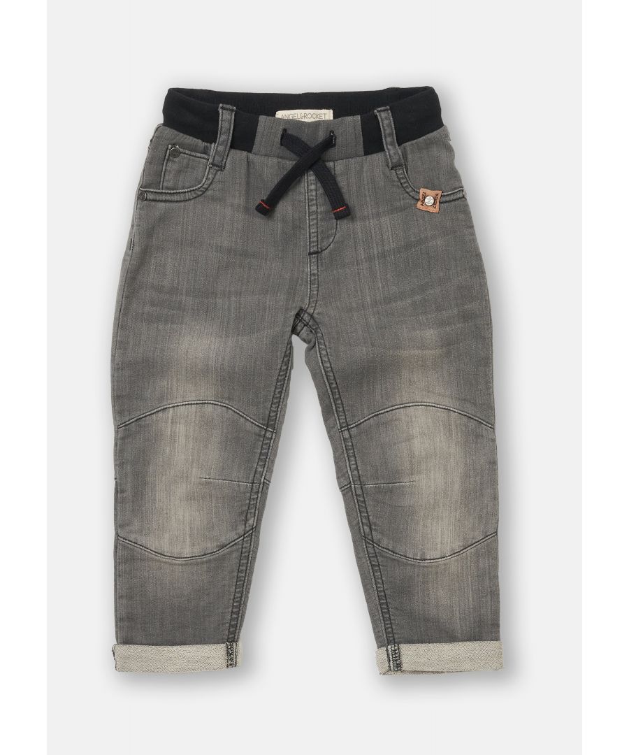 Hit refresh on your style staples with this knitted denim washed jogger jean. On a stretch denim quality with elasticated cuffs and waistband. With drawcord finish on waistband and branding on thigh.  Angel & Rocket cares – made with fairtrade cotton  Colour: Grey  About me: 99% cotton  1% elastane  Look after me: think planet  machine wash at 30c.   