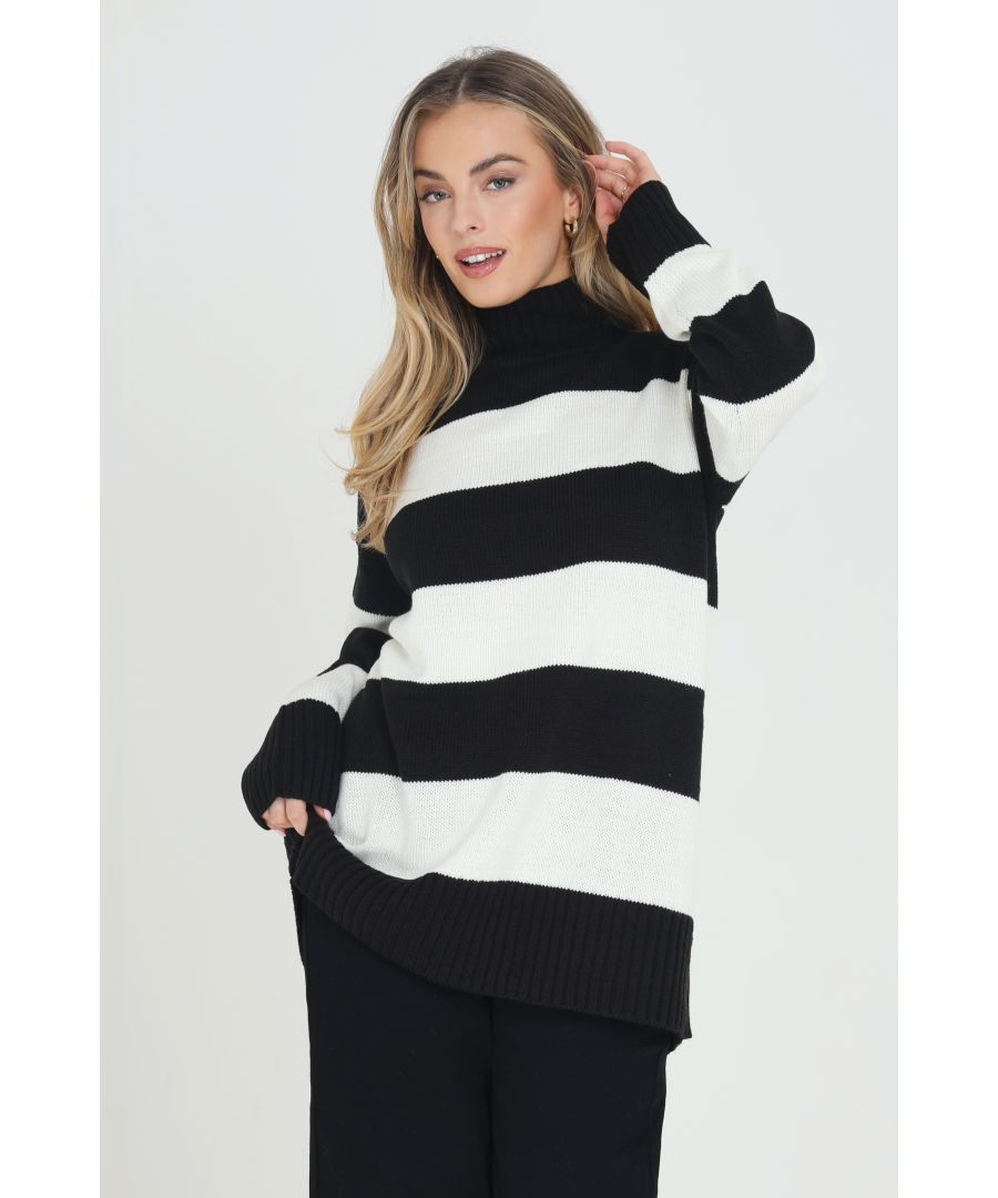 Brave Soul Womens Black 'Ruban' Longline Roll Neck Striped Jumper - Size Large