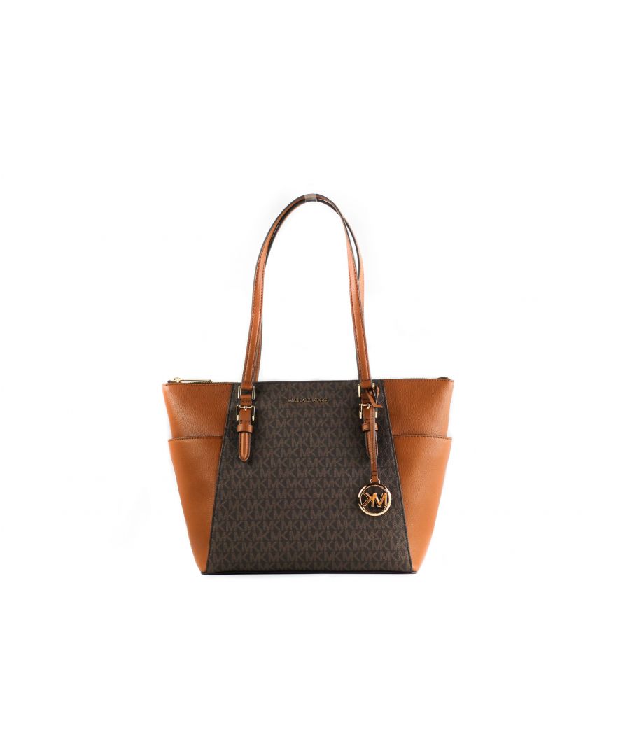<p><strong>Condition: Brand New with Tags attached</strong></p>\n<p><strong>Style: </strong>Michael Kors Charlotte Handbag Tote (Brown Signature)</p>\n<p><strong>Material: </strong>Leather/PVC</p>\n<p><strong>Features: </strong>MK Logo on Front, Zip Closure, MK logo charm, Exterior Pocket</p>\n<p><strong>Measures: </strong>25.4cm (L) x 38.1cm (H) x 11.43cm (D)</p>