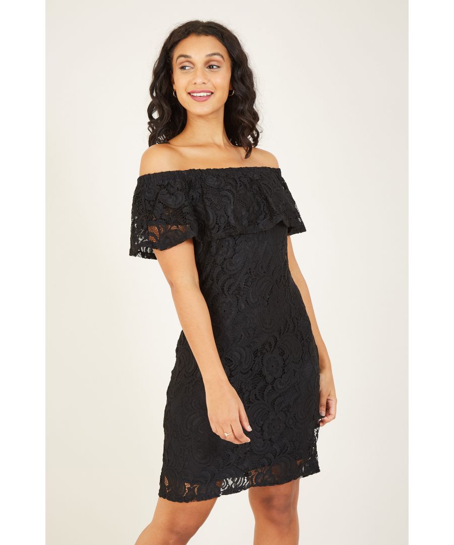 Cut a stylish shape in this Mela Bardot Lace Dress. Sitting above the knee, this party dress is styled from soft-touch lace, giving your look a sophisticated edge. The off-the-shoulder neckline elongates your silhouette and adds a feminine feature. Dress it up with heels for an update on the classic little black dress.  100% Polyester Machine Wash at 30