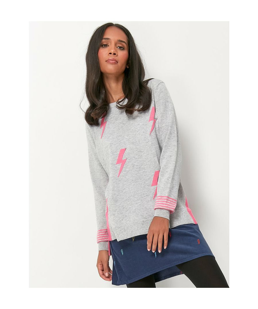 This jumper from Khost Clothing is cut with long sleeves, a subtle high-low hemline and a pink lightning bolt print.