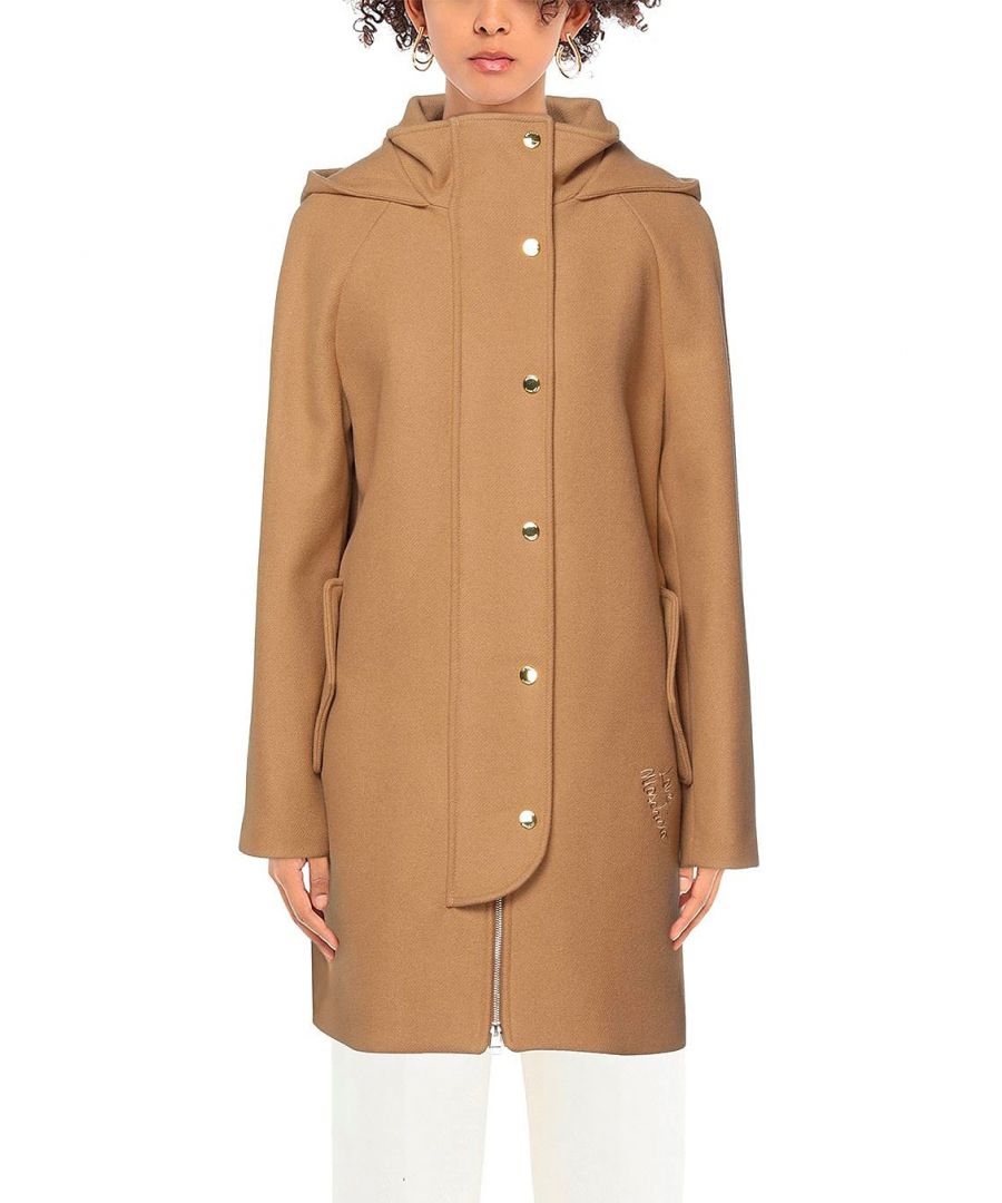 coat, brown color, with hood and closure with golden buttons and zip.