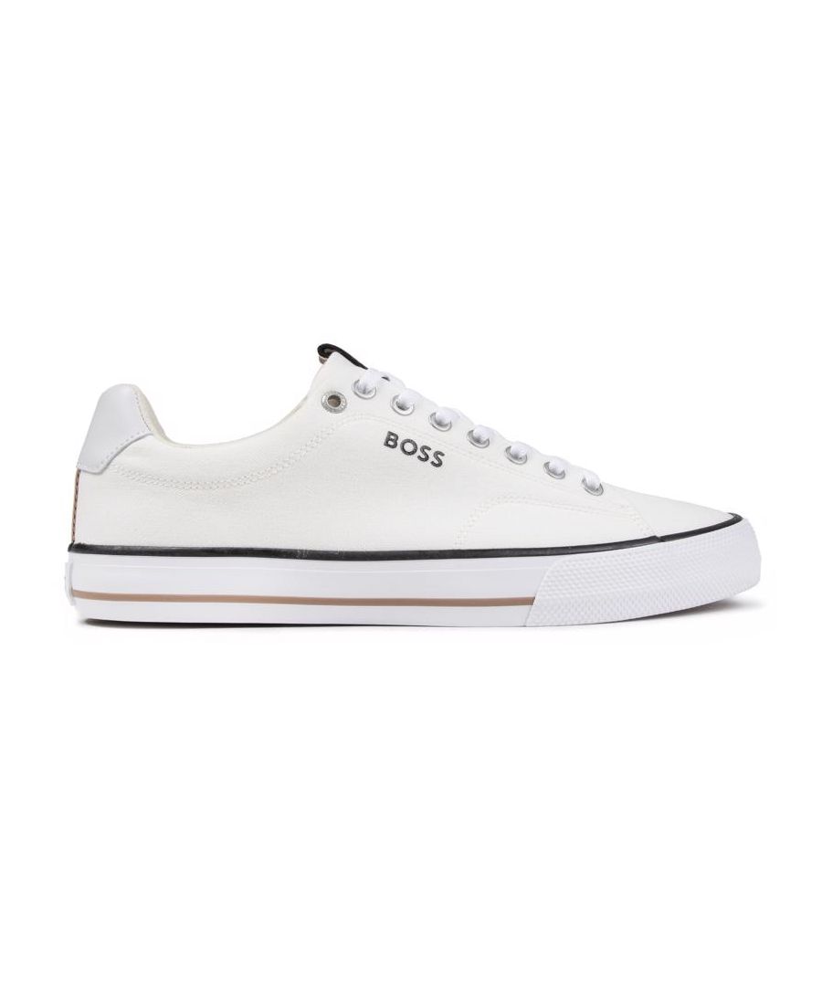 The Boss Aiden Is A Versatile Trainer With A Clean Design. The Low Profile Casual Plimsoll Features A Canvas Upper And Rubber Sole. The White Skater Style Shoe Has Branded Metal Eyelets, Signature Boss Logo On The Side, Reinforced Heel, Padded Collar And Tongue For Extra Comfort.