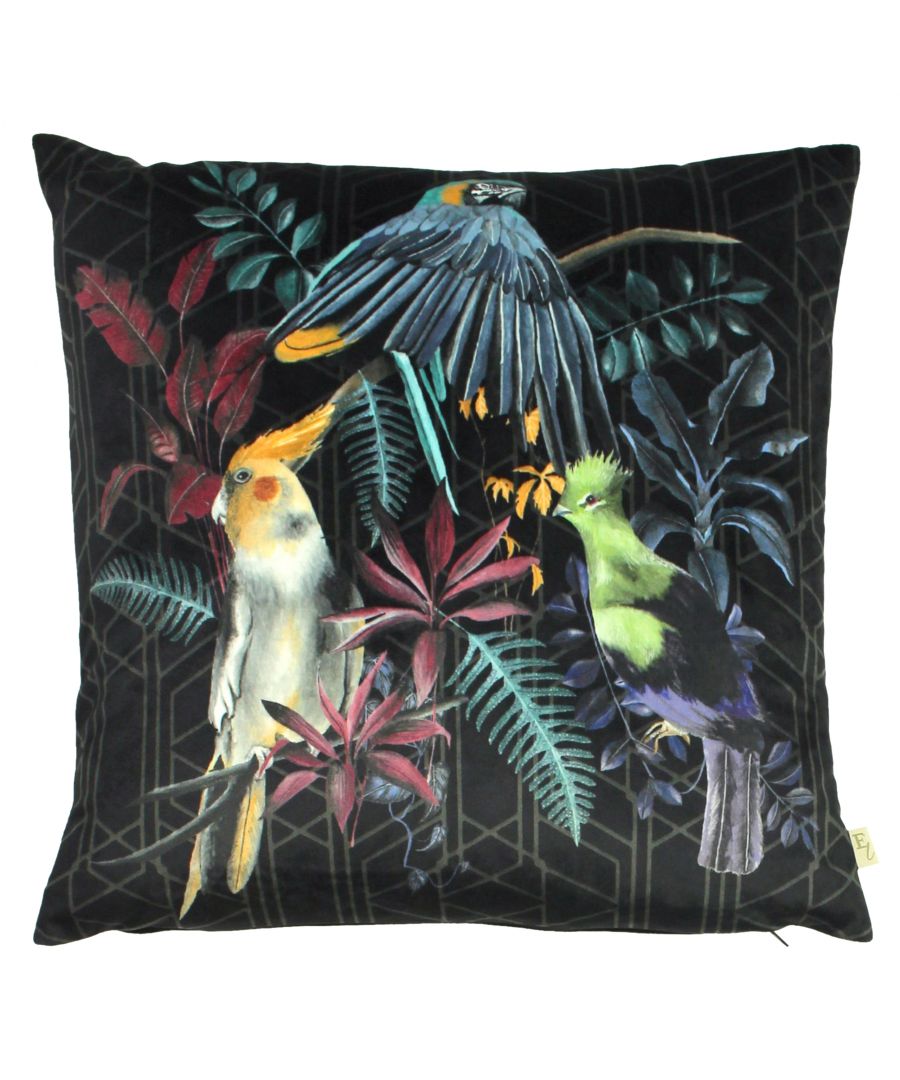 Amongst the tropical leaves, features a trio of exotic Birds printed on a geometric printed plush velvet. The Zinara Cushion is the perfect addition to any room in your home.