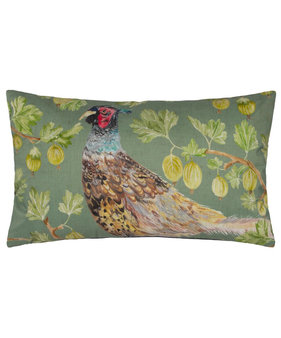 Enjoy this delightful scene from the British countryside of a pheasant poised to peck at the ripe, juicy gooseberries on this beautifully hand-painted watercolour design. The rich, iridescent colours of the male pheasant are made to stand out against the summery, olive green background and is lovingly printed onto UV, water resistant Polyester fabric. A wonderfully rustic and characterful addition to your outdoor space.