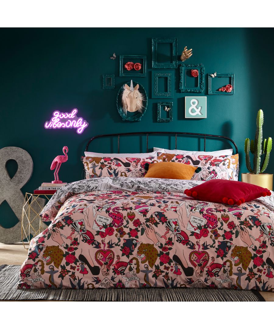 Add some fun to the bedroom with this quirky, cartoon-style, tattoo-inspired duvet set. Featuring bright red hearts, red roses, lusting princesses and love letters, this design is sure to put a smile on your face! The reversible nature of the set allows you to choose from full colour, or comic-style black and white, the choice is yours! Made from pure cotton and is comfortable too.