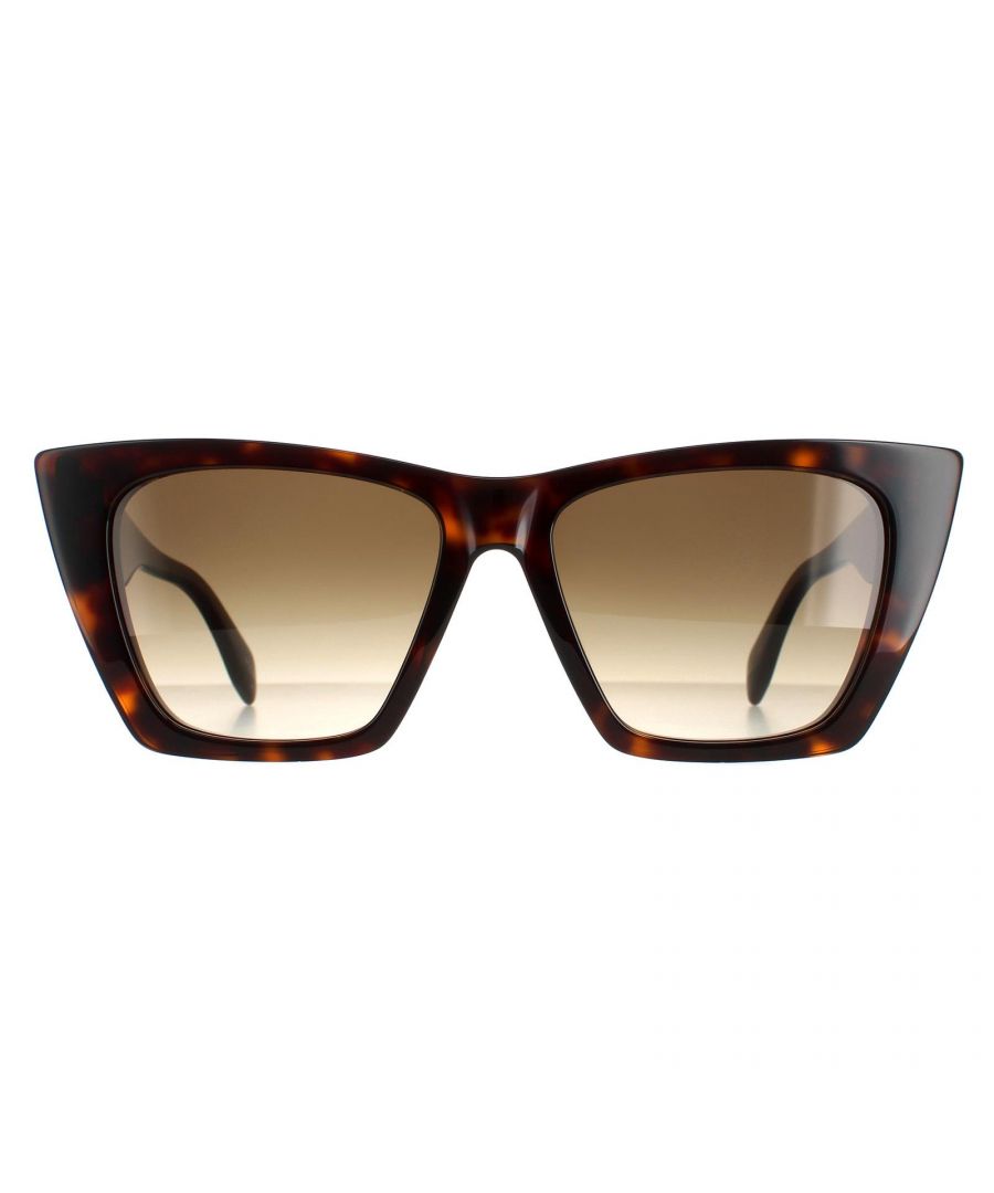 Alexander McQueen Cat Eye Womens Dark Havana Brown Gradient AM0299S  Sunglasses are a elegant cat eye style crafted from lightweight acetate. The Alexander McQueen logo features on the temples for brand authenticity.
