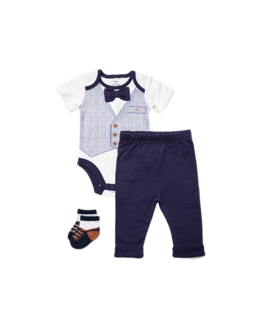 This Little Gent four-piece set features a charming tuxedo style. The set includes a bodysuit, with a bowtie and a striped waistcoat detail, a pair of trousers, and a pair of little socks, imitating little smart shoes. Each item in the set is cotton with popper fastenings, keeping your little one comfortable. This set is the perfect gift or new addition to your little one’s wardrobe.