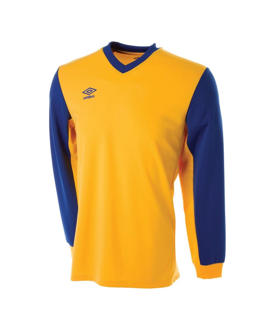 Umbro Witton Long Sleeve Jersey Mens - This Umbro Witton Long Sleeve Jersey is crafted with long sleeves and a V neckline for a classic look. It features elasticated hems for a comfortable fit and is a lightweight construction. This jersey is a colour block design with a signature logo and is complete with Umbro branding.