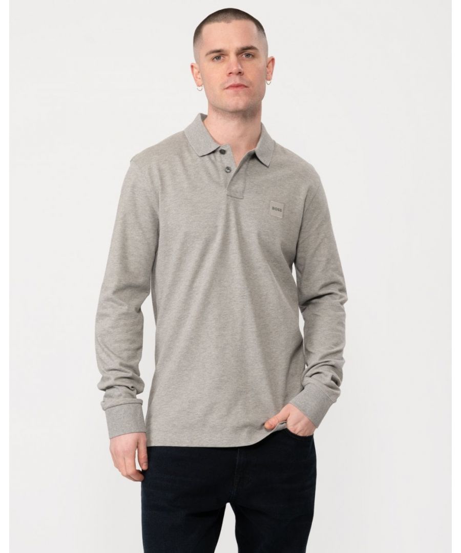 Boss Orange Passerby Mens Long Sleeve Stretch-Cotton Polo Shirt with Logo Patch - Light Grey - Size Small