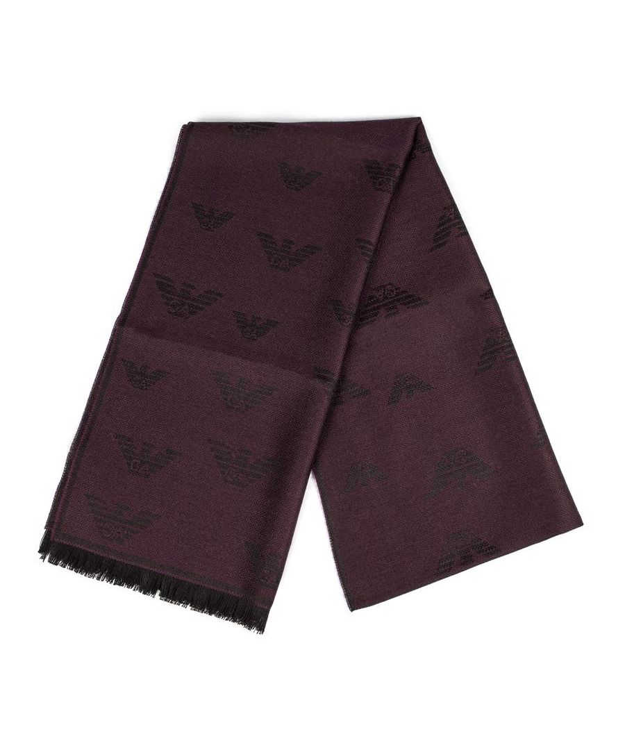 Mens red Emporio Armani logo scarf, manufactured with wool. Featuring: woven branding, soft touch, tasseled tips and one size.