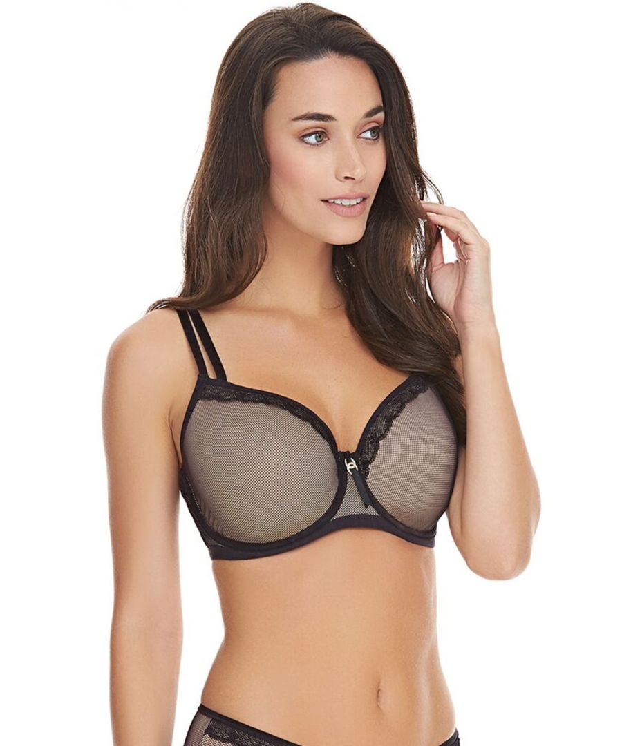 Freya Idol Allure moulded bra, sexy yet sophisticated this beautiful balcony bra provides you with excellent support and all day comfort.  The moulded cups shapes your assets and provides a natural rounded shape.  The bra features all over sheer fishnet overlay and a cute centred charm.   Fully adjustable straps have an attached movable J hook to convert the bra to a racer back for added extra support, uplift and look.  This versatile bra is a must have in your lingerie collection.