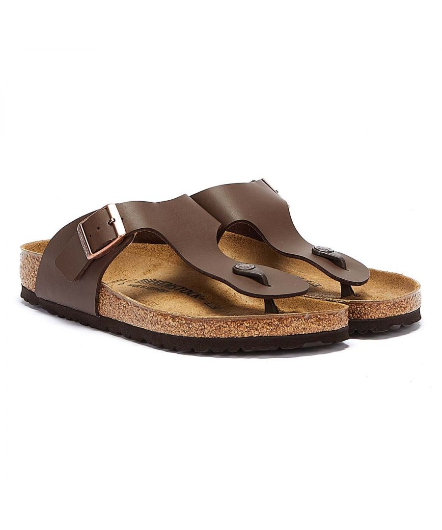 Birkenstock Ramses is a traditional thong-style sandal for men. The Birkenstock Ramses features a single strap with buckle to adjust for fit and comfort. Ramses has a synthetic leather upper which comes in a variety of colours. Birkenstock Ramses also feature a securing toe post set on the cork and latex footbed which is designed to fit to the unique contours of your foot. The footbed also has a suede lining for additional comfort. Birkenstock's shock absorbing EVA sole completes the Ramses sandal.\n\nBirkenstocks Style Number: 044701