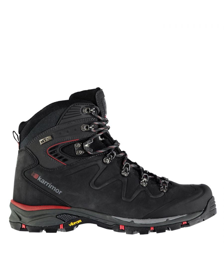 <strong> Karrimor Cheetah Walking Boot Mens </strong><br><br> \nThe Karrimor Cheetah Walking Boot are suited for wearing when trekking outdoors and in wetter conditions. The boots are constructed with a WTX technology that offers excellent waterproofing around the boots and allows your feet to remain dry and comfortable. The boots feature a Vibram soleplate that allows for exceptional traction in wet weather and over a wide range of terrains. The boots are finished off in an ankle high style, to allow maximum support when outdoors and ensure your feet can withstand any obstacles that are thrown your way. The boots are finished off with a re-enforced toe for additional protection. \n\n<br><br>> Mens walking boots\n<br>> Weathertite Xtreme Waterproof / breathable\n<br>> Nubuck leather upper\n<br>> Metal eyelet lcaced upper\n<br>> Mid cut \n<br>> Cushioned ankle and bellows tongue\n<br>> Phylon cushioned midsole\n<br>> Reinforced toe bumper\n\n<br>> FrameFlex Original Chassis\n<br>> Vibram S1307 XS Trek sole unit\n<br>> Leather / synthetic / textile upper, Textile inner, Synthetic sole
