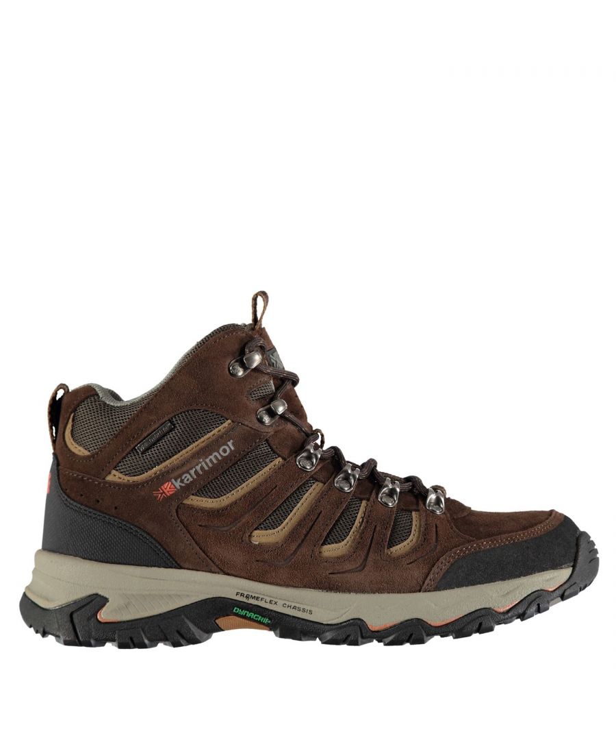 <strong> Karrimor Mount Mid Mens Walking Boots</strong><br><br> \nThe <strong> Karrimor Mount Mid Mens Walking Boots</strong> have been designed with breathable mesh panels to the upper for extra breathability for your feet while the waterproof treatment helps keep you protected from the elements. These <strong> Karrimor Walking Boots</strong> also come with a rugged outsole for great traction on a range of surfaces, finished off with a padded ankle collar and lace up front for a secure and comfortable fit. \n\n<br><br>> Please note: The style you receive may vary from the image shown\n\n<br>> <strong> Mens Walking Boots</strong> \n<br>> Laced \n<br>> Padded ankle collar \n<br>> Breathable mesh panels to the upper \n<br>> Frame flex chassis \n<br>> Dynagrip\n<br>> Weathertite waterproof / breathable\n<br>> Rugged outsole \n<br>> Karrimor logo \n<br>> Upper: leather/textile, Sole: synthetic, Inner: textile