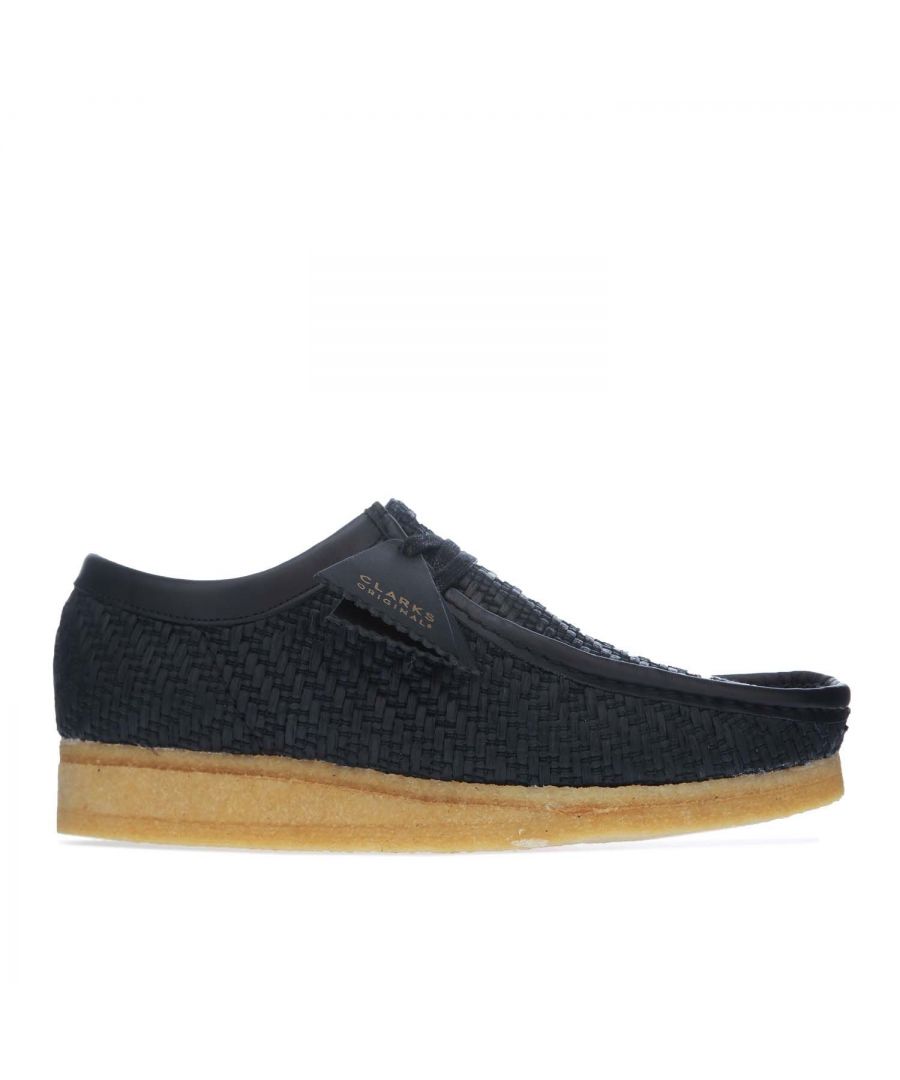 Mens Clarks Originals Wallabee Raffia Shoes in black.- Leather and Textile upper.- Lace-up construction.- Natural  hand-dyed raffia side walls.- Moccasin construction.- Tonal stitching.- Natural renewable crepe rubber sole.- Leather and textile upper  Textile lining  Synthetic sole.- Ref: 26156530