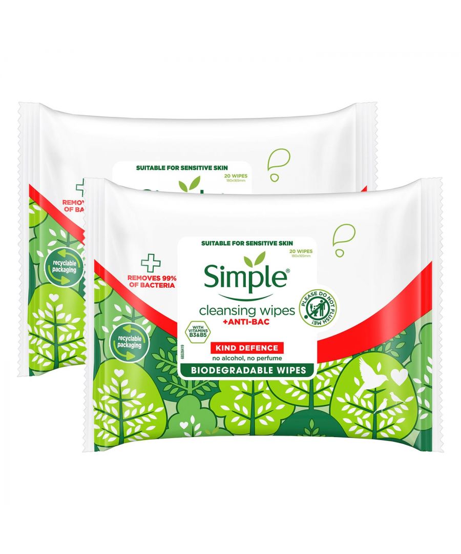 Simple Biodegradable Cleansing Wipes are ideal for deep cleansing and bacteria protection on the go or at home\n\nDid you know that we touch our faces approximately 20 times every hour? Just imagine all the bacteria! That’s why it’s essential to keep your skin clean and protected, and now thanks to Simple Kind Defence +ANTI-BAC Cleansing Wipes it’s easy to do. Gentle yet effective, these antibacterial wipes for the face and hands remove dirt and impurities, leaving your skin feeling instantly cleansed and protected against bacteria. Developed with an active anti-bac agent CTAC which removes 99.9% of bacteria, our face wipes are made with skin-loving ingredients such as pro-vitamin B5 and vitamins B3 and C to support the skin’s natural defences.\n\nFeature:\nSimple Kind Defence +ANTI-BAC Cleansing Wipes contain no alcohol, perfume, colour or mineral oils as well as no harsh chemicals that can upset your skin, making them suitable for even the most sensitive skin.\nDesigned with love in the UK, these facial wipes are not only kind to the skin but also kind to the planet as they are biodegradable and come in 100% recyclable packaging.\nBeing kind to animals is also crucial to us, which is why the Kind Defence facial skincare range is vegan and Simple is certified cruelty-free by PETA, meaning we don’t test on animals anywhere in the world.\nChoose kindness, choose Simple. Use Simple Kind Defence +ANTI-BAC Cleansing Wipes anytime and anywhere to keep skin cleansed and protected from bacteria.\n\nHow to Use:\nStep 1: Gently wipe over the face, neck and hands to remove skin impurities at home and on the go. No need to rub.\nStep 2: Remember to reseal the pack.