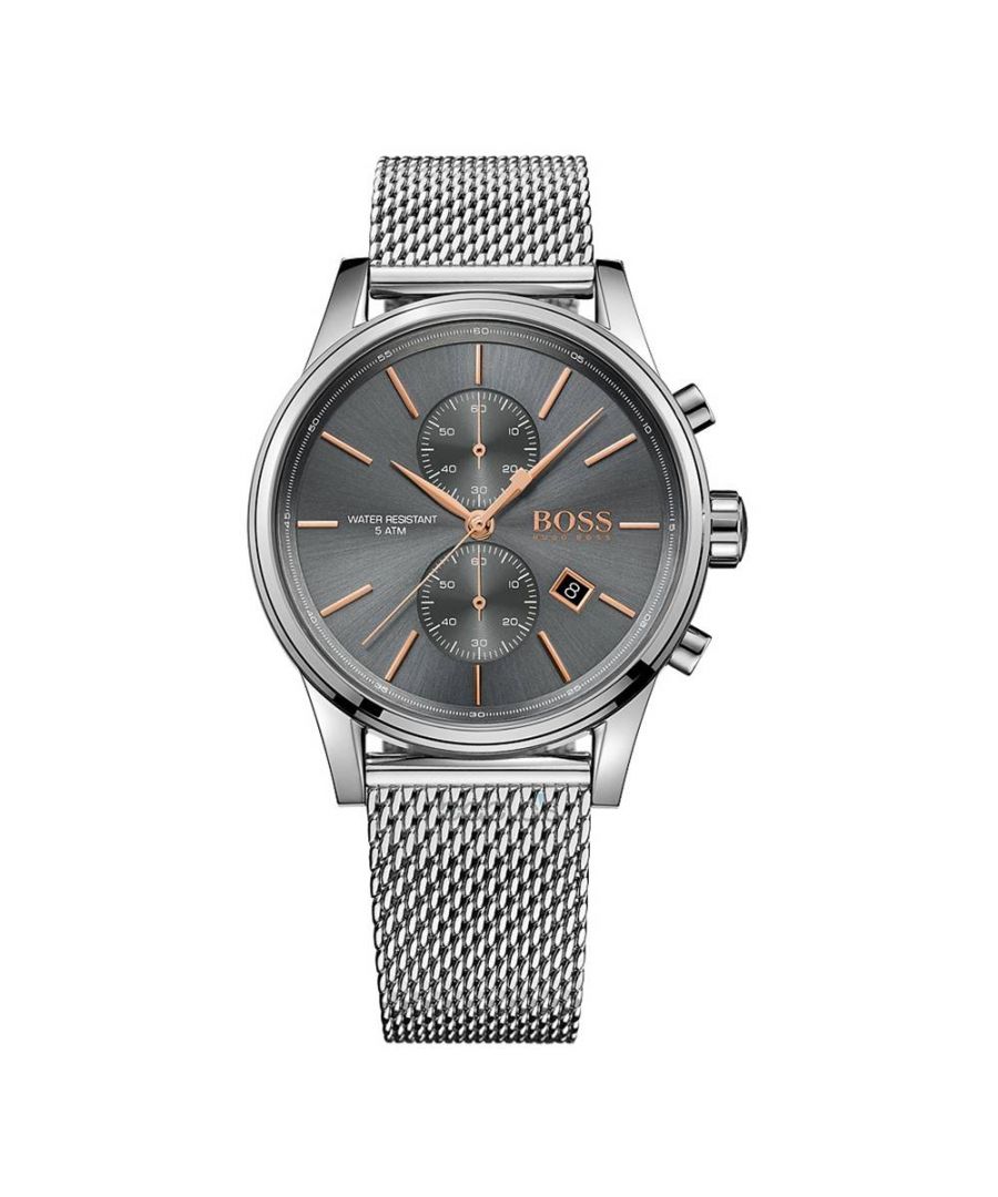 Case width: 44mm \nCase depth: 11mm \nDial Colour: Grey \nCase Material: Stainless Steel \nStrap Type: Stainless Steel \nStrap Color: Silver \nWater Resistance: 50 Meter / 5ATM \nClasp Type: Fold-over Deployment \nMovement: Quartz \nFeature: Chronograph
