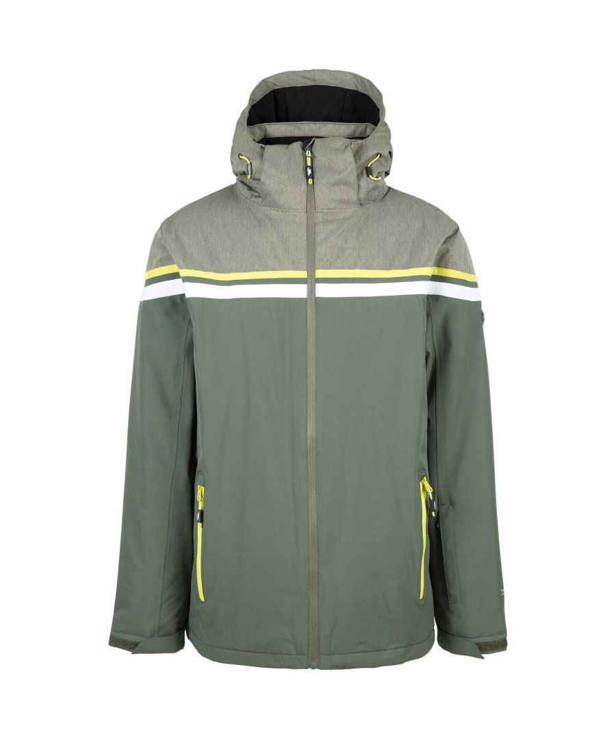 Material: 94% Polyester, 6% Elastane. Fabric: Woven. Design: Badge, Colour Block, Stripe Detail. Fabric Technology: Breathable, TP75, TPU Membrane, Waterproof, Windproof. Chin Guard, Padded, Taped Seams, Underarm Zips. Cuff: Adjustable, Stretch. Neckline: Hooded. Sleeve-Type: Long-Sleeved. Hood Features: Adjustable, Zip-Off. Pockets: 1 Inner Pocket, 2 Front Pockets, Water Repellent Zip. Fastening: Front Zip. Waterproof Rating: 5000mm. 5000g/m²/24hrs. Hem: Drawcord.