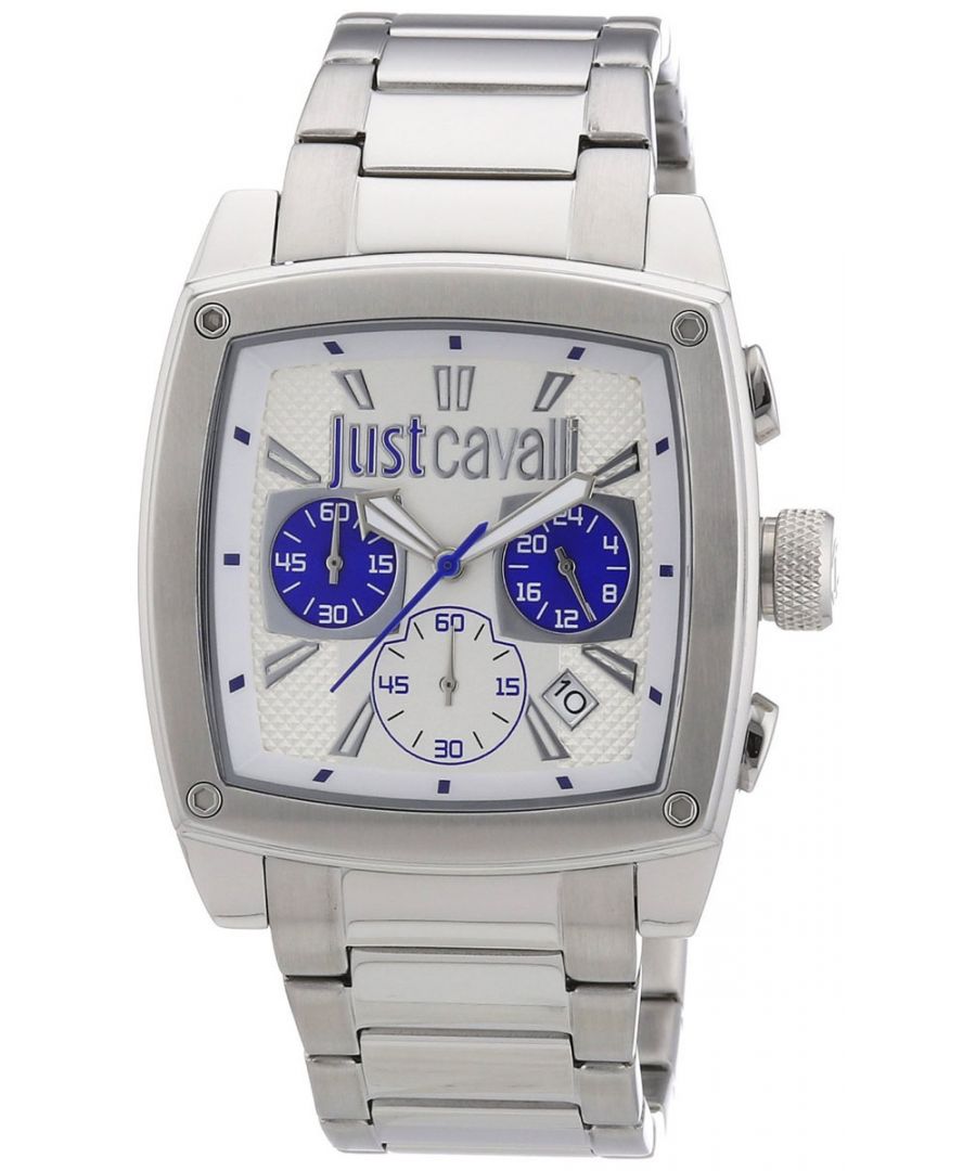 This masculine and sporty Just Cavalli mens watch is a trendy, stylish and quality accessory. Encased in stainless steel, its white and blue dial features bold grey indices indices, a date window between the 4 and 5 position, a second hand, 3 chronograph sub-dials and the Just Cavalli logo. A durable mineral crystal window protects the dial from scratches. Its fashionable stainless steel bracelet comfortably closes with a fold over clasp for safe and secure all day wear. Powered by reliable Quartz movement and water resistant to 50 meters, it is a great addition to any timepiece collection.Just Cavalli R7273583002 Men's Pulp Chronograph White Dial Watch