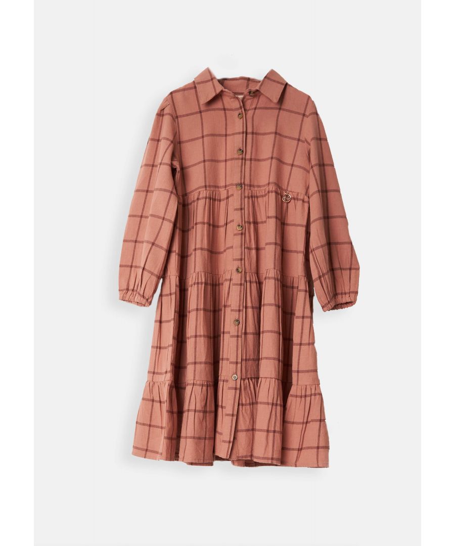 Girls. Meet the shirt dress you'll want to wear (absolutely) everywhere! Super soft pink check. tiered with shirt collar and full button front fastening.. Pink. About me: 100% Cotton. Look after me: Think planet. wash at 30c.