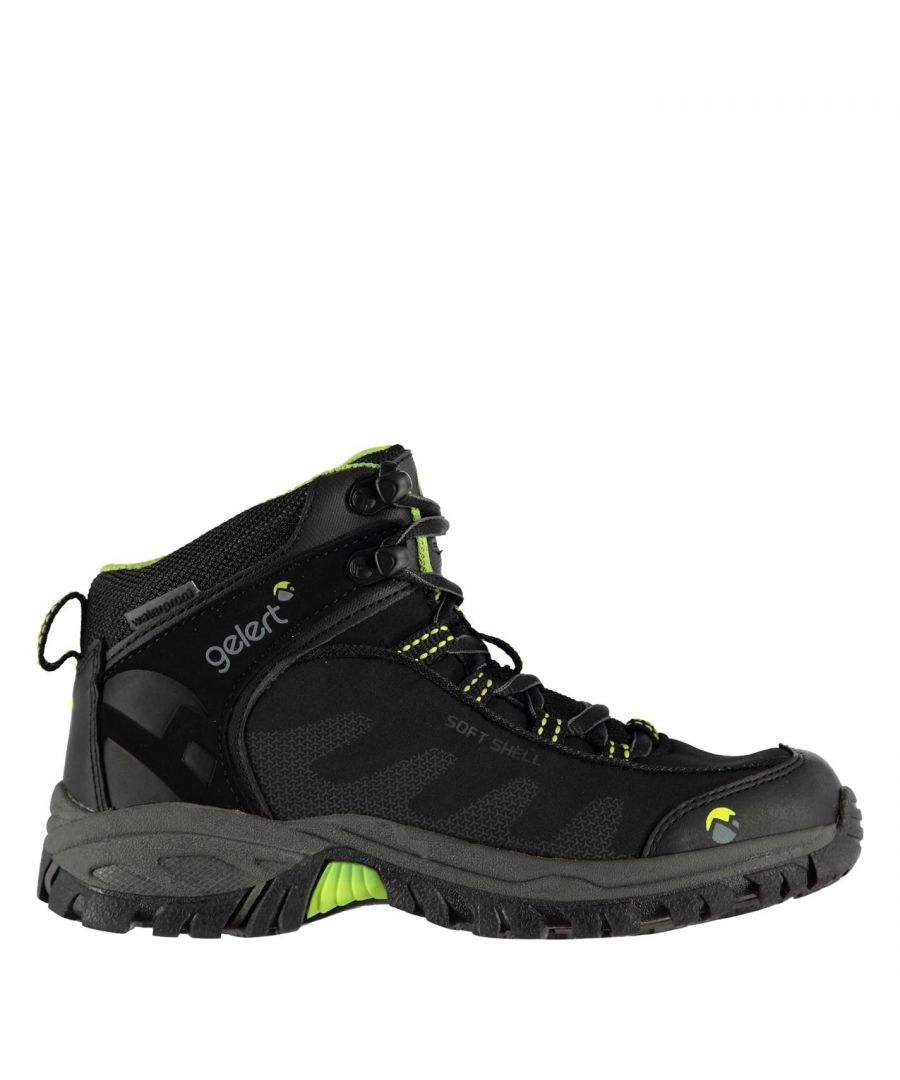Gelert Softshell Mid Junior Walking Boots The Gelert Softshell Mid Walking Boots benefit from a lightweight construction with full flexibility offering maximum comfort all day long, complete with a waterproof and breathable lining so you can tackle any terrain in any weather. > Kids walking boots > Waterproof / breathable > Softshell construction > Laced fastening > Mid cut ankle > Cushioned ankle and tongue > Reinforced toe bumper > Moulded grip pattern