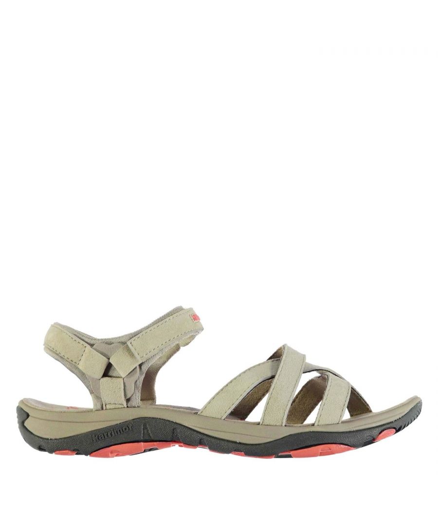 <strong> Karrimor Salina Leather Ladies Walking Sandals</strong><br><br> \nThe Ladies Karrimor Salina Leather Walking Sandals are perfect for your next outdoor adventure, crafted with a moulded outsole with an aggressive traction pattern coupled with a ergonomic footbed for a sure and comfortable ride. These Karrimor walking sandals also offer a simple but stylish look with a crossed strap design to the forefoot and a touch and close fastening to the ankle, completed with the Karrimor branding. \n\n<br><br>> Please note: This product may have slight cosmetic differences from the image shown due to assorted colours or updated seasonal collections.\n\n<br>> Ladies walking sandals \n<br>> Cross strap design \n<br>> Touch and close fastening\n<br>> Moulded outsole \n<br>> Ergonomic footbed \n<br>> Karrimor branding \n<br>> Inner: Textile / synthetic \n<br>> Sole: Synthetic