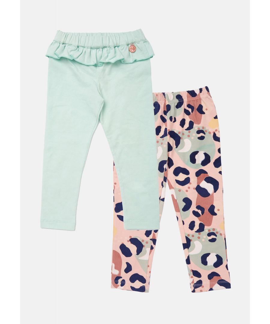 Super soft stretchy super cute legging set of 2 with a frill at the waist. Cover all styles with a super cool pastel animal print and a soild colour they are a perfect elevated wardobe staple.\n\nAngel & Rocket cares - made with Fairtrade cotton\n\nColour: Multi\n\nAbout me: 100% Cotton\n\nLook after me – Think planet, wash at 30c