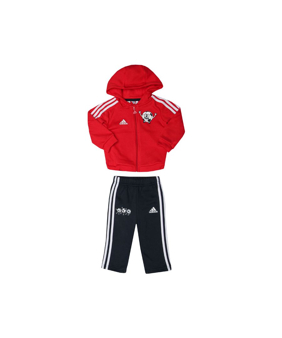 Baby adidas Lil 3- Stripes Fleece Jogger Set in red white.-Jacket:-  Hood.- Long sleeves.- Full zip fastening.- Two side pockets.- Ribbed cuffs and hem.- Main material: 70% Cotton  30% Polyester (Recycled).  Machine washable.- Pants: - Elasticated waist with inner drawcord. - Iconic adidas 3-Stripes branding.- Loose fit.- Main material: 70% Cotton  30% Polyester (Recycled).  Machine washable. - Ref: GM8956B