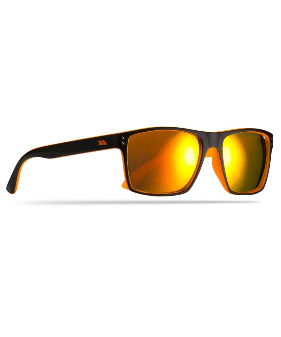 Trespass branded sunglasses. UV 400 protection. Conforms to EN ISO 12312-1:2013. Polycarbonate frame with matt finish. Smoke tint lens with mirror coating. Category 3 lens. 5 barrel hinge, printed temple logo. Cleaning cloth bag.